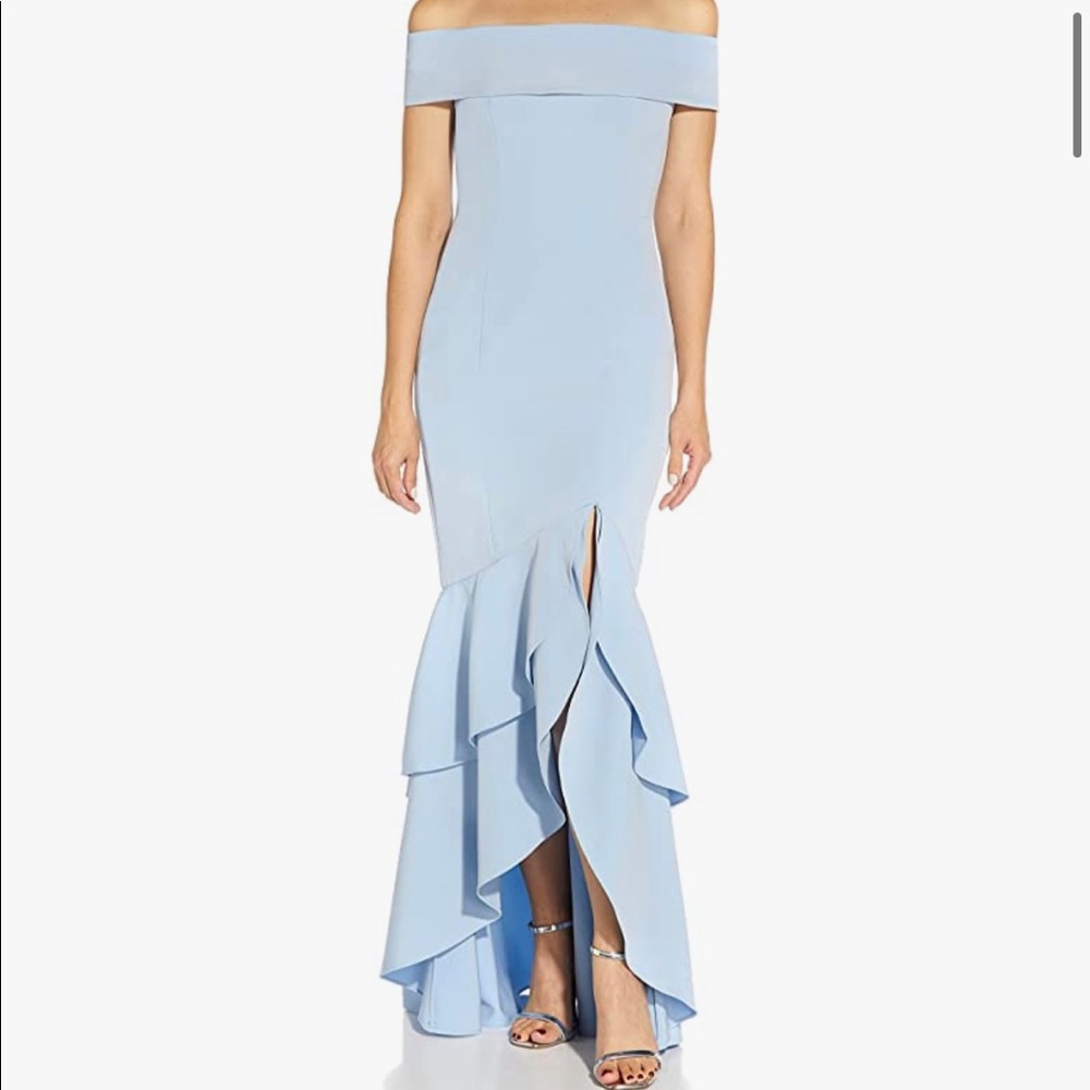 Adrianna Papell | OFF-THE-SHOULDER CREPE HIGH-LOW GOWN | Pale Blue | Size 2